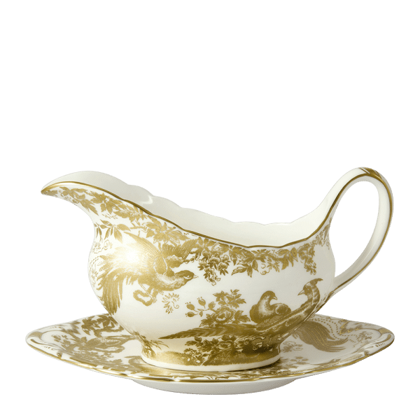 Aves Gold fine bone china sauce boat and stand