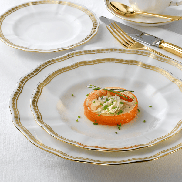 White and gold fine bone china dinner setting