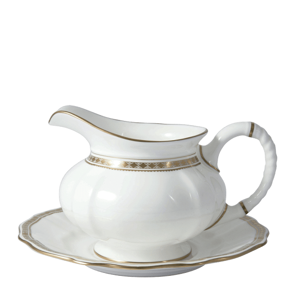 White and gold fine bone china sauce boat and stand