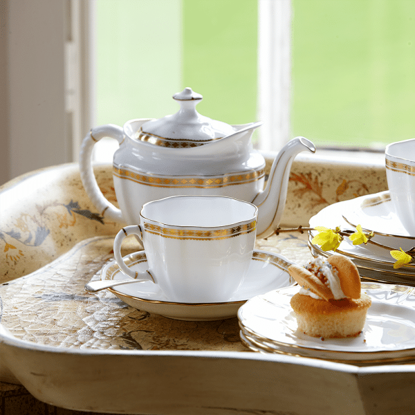 White and gold fine bone china tea set