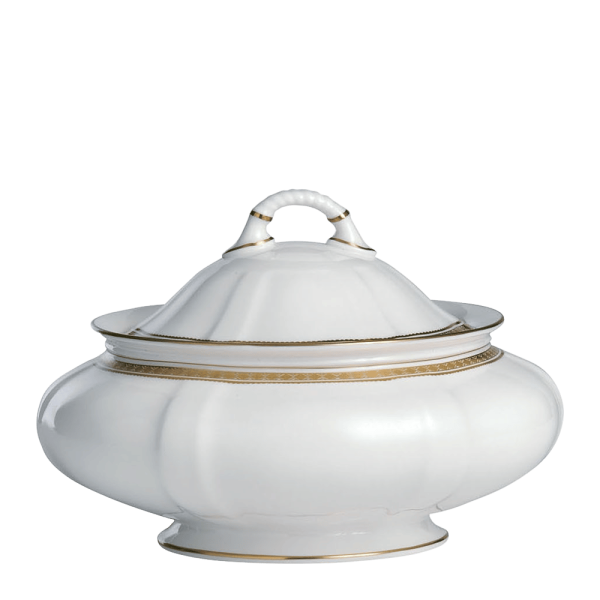 White and gold fine bone china covered vegetable dish
