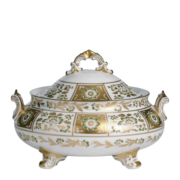 Derby Panel Green and Gold Fine Bone China Tableware covered vegetable dish