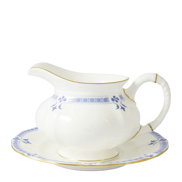 Blue and white fine bone china grenville sauce boat and stand