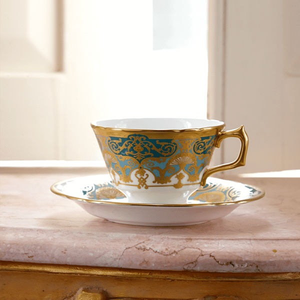 Heritage Forest Green Turquoise and Gold Fine Bone China Tableware Teacup and Saucer