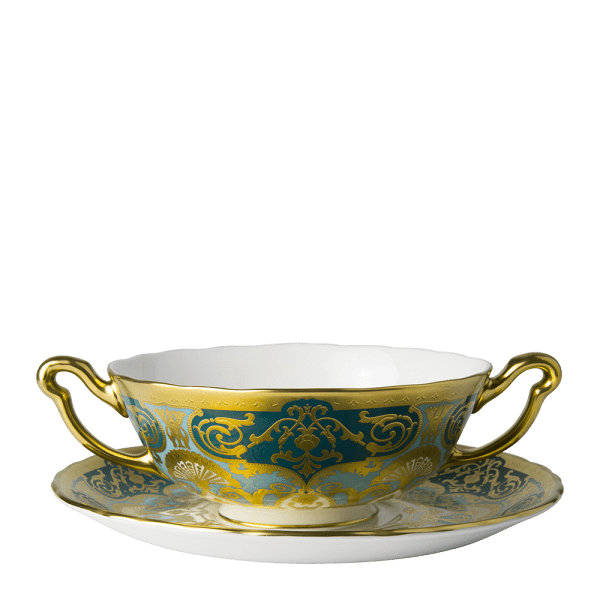 Heritage Forest Green Turquoise and Gold Fine Bone China Tableware Cream Soup Cup and Saucer