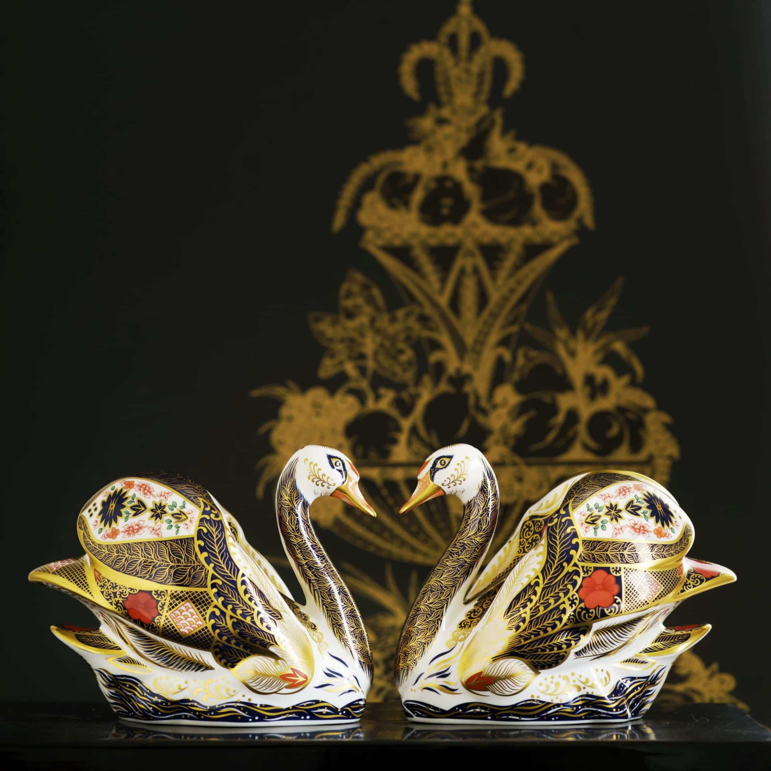 RCD SGB Swan Pair Portrait Side Profile Old Imari Solid Gold Band Swan Paperweight